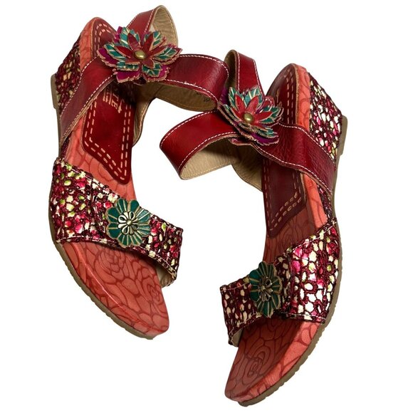 NEW L'Artiste Spring Step Laisis Red Leather Flower Accented Wedge Sandals 39 - Picture 5 of 10